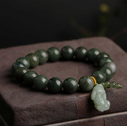 Green Jade Bracelet with Pixiu - Invite Wealth & Calming Energies