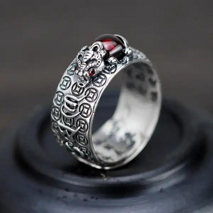 Natural Garnet Pixiu Ring - Feng Shui Wealth Ring